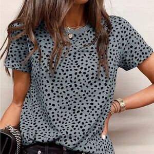 Crew Neck T-shirt, Casual Style, Short Sleeve Dalmation Print‎